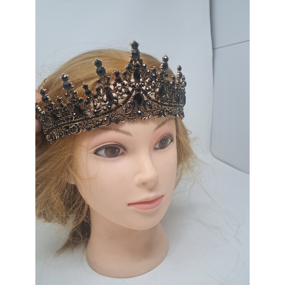 Vintage Women's Crown Costume Jewelry Rhinestone Metal Victorian Royal Black - Picture 1 of 13